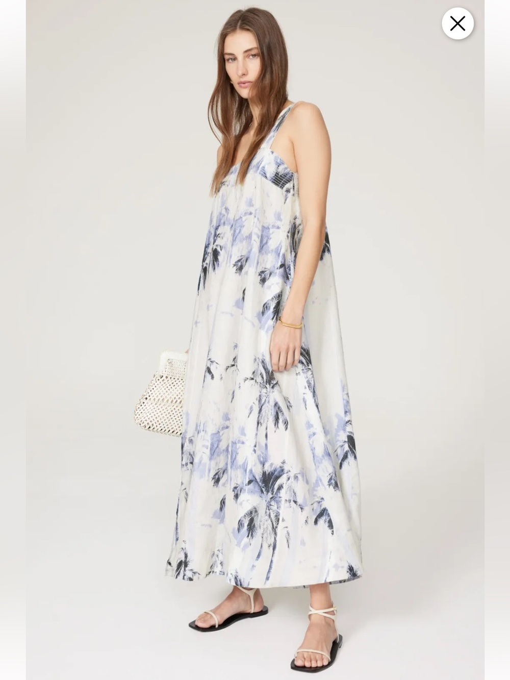 Boss White Dress with Light Blue Palm Print Linen Floral Midi Dress H13